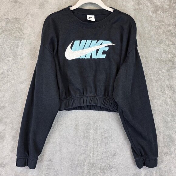 Nike Sweatshirt Womens Small Black Cropped Crew Chenille Swoosh Logo DD5089-010 - Picture 1 of 10